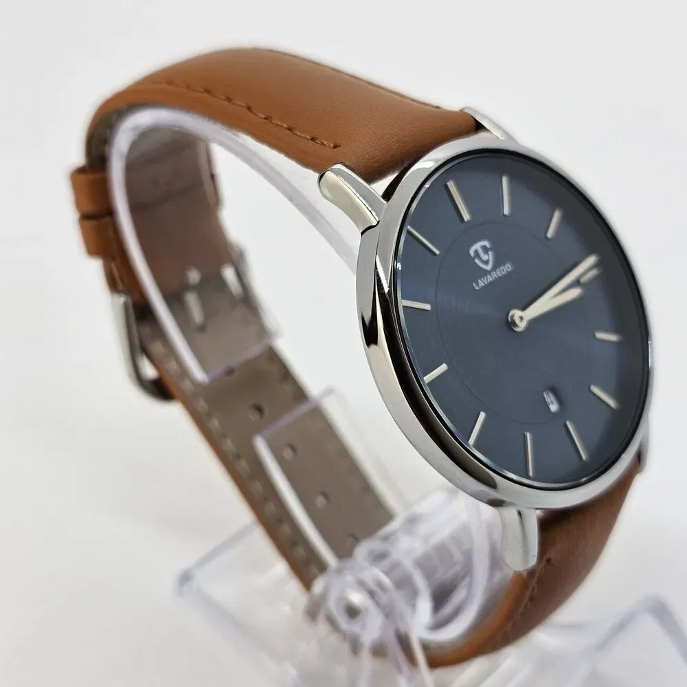 Men's Watch Minimalist 40MM Gray Case Blue Dial Date Light‎ Brown Leather Straps